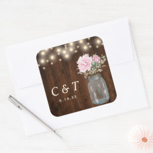 Rustic Wood Peony Floral Mason Jar   Square Sticker