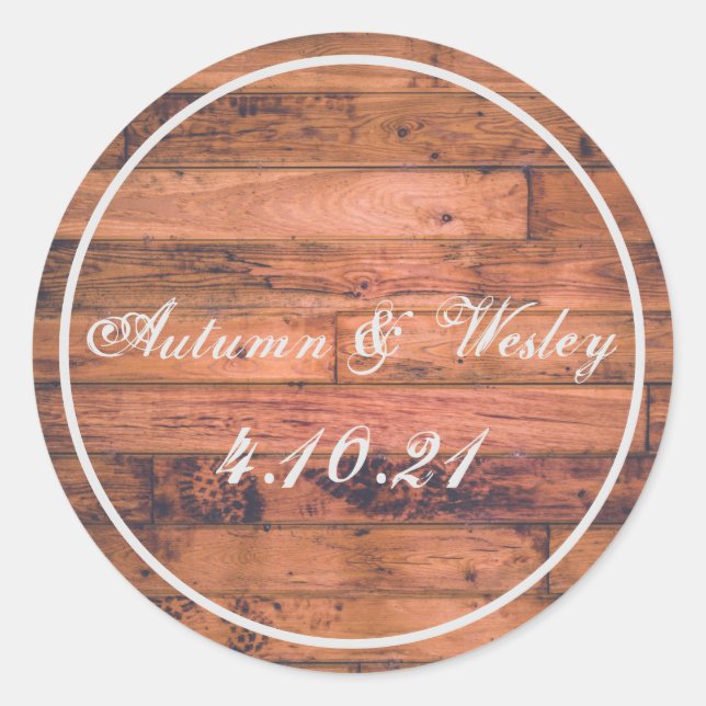 Rustic Wood Personalise Name Date Classic Round Sticker (Front)