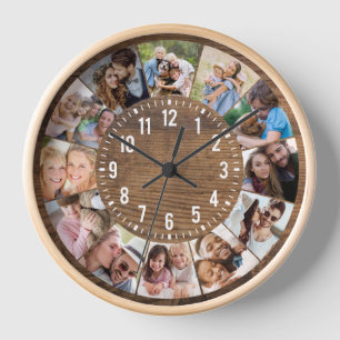 Rustic Wood Personalised 12 Photo Collage Clock