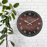 Rustic Wood Personalised Anniversary  Large Clock<br><div class="desc">Fun,  personalised design.  Makes the perfect gift for an anniversary or for the newlywed's housewarming party as well. A pretty faux wood background,  with a lovely sentiment that reads "the love we share is destined to age unto perfection",  along with the couple's first names and wedding date.</div>