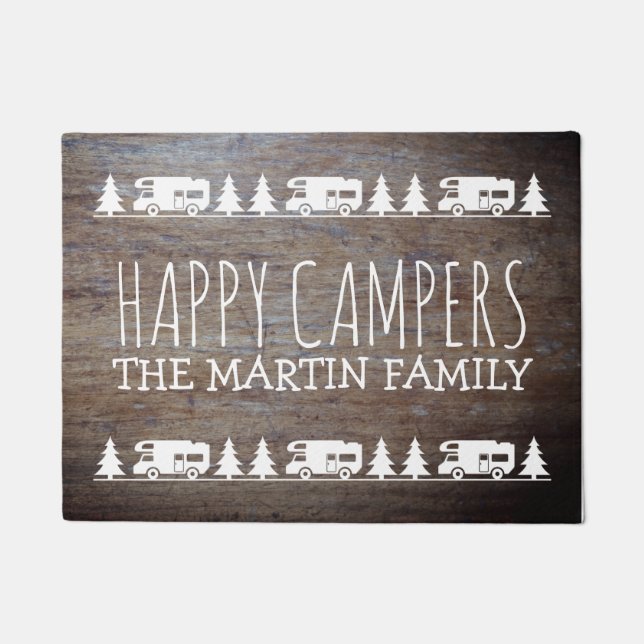 Rustic Wood Personalised Camping | Happy Campers Doormat (Front)