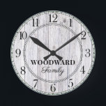 Rustic Wood Personalised Family Name  Round Clock<br><div class="desc">A rustic modern white washed barn wood shiplap monogrammed family name wall clock. Great for your rustic or farm style home or cabin.</div>