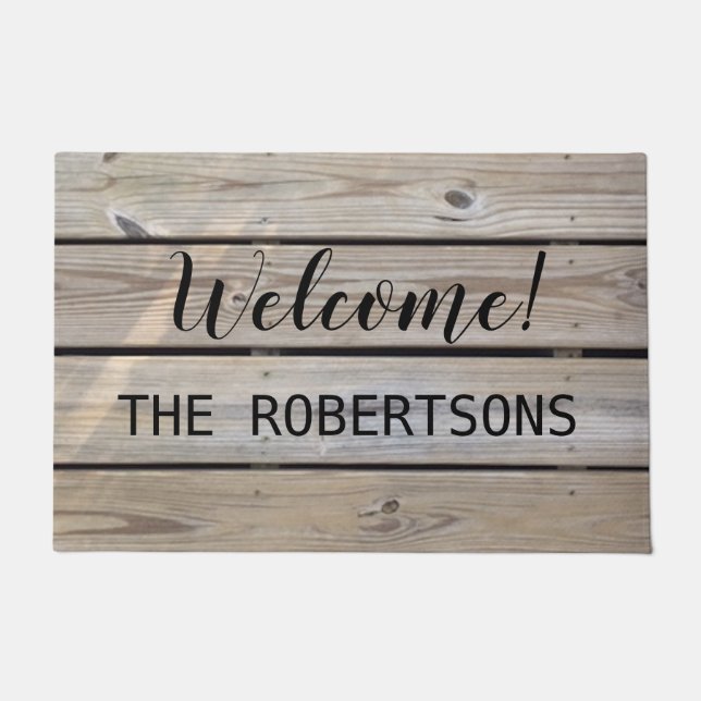 Rustic Wood Personalised Family Name Welcome Doormat (Front)