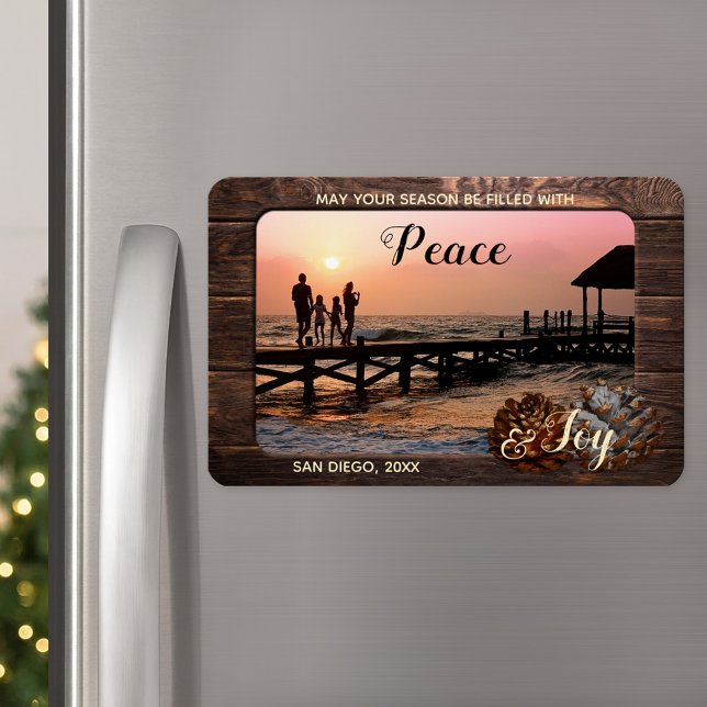 Rustic Wood Personalised Holiday Photo Magnet (A Christmas magnet featuring your custom photo framed by rustic dark wood and festive pine cone)
