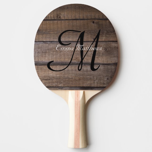 Rustic wood personalised monogram ping pong paddle (Front)