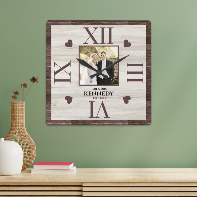 Rustic Wood Personalised Photo Wedding Anniversary Square Wall Clock (Rustic Wood Personalized Photo Wedding Anniversary Square Wall Clock)