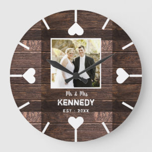 Rustic Wood Personalised Wedding Anniversary Photo Large Clock