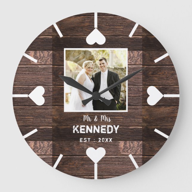 Rustic Wood Personalised Wedding Anniversary Photo Large Clock (Front)