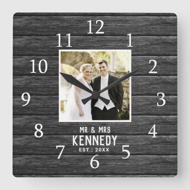 Rustic Wood Personalised Wedding Anniversary Photo Square Wall Clock (Front)