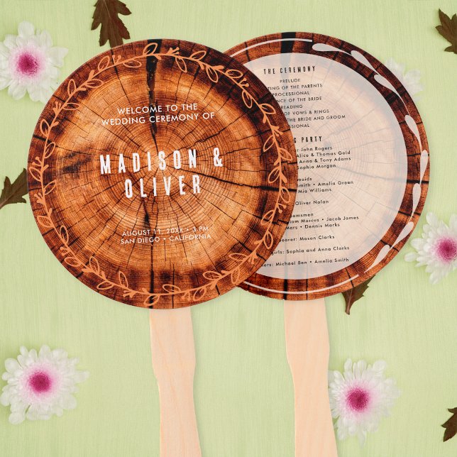 Rustic Wood Personalised Wedding Program Hand Fan (Front/Back)