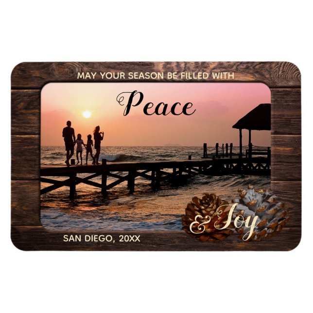Rustic Wood Personalized Holiday Photo Magnet (Horizontal)