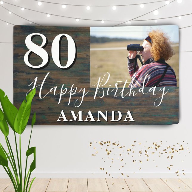Rustic Wood Photo 80th Birthday Party Banner (Creator Uploaded)