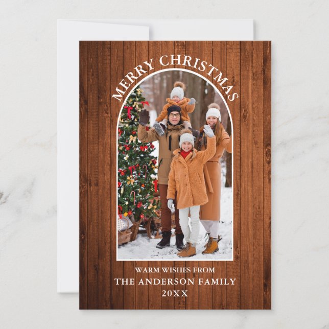 Rustic Wood Photo Arch Merry Christmas Holiday Card (Front)