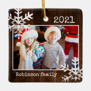 Rustic Wood Photo Border White Snowflakes Holiday Ceramic Ornament