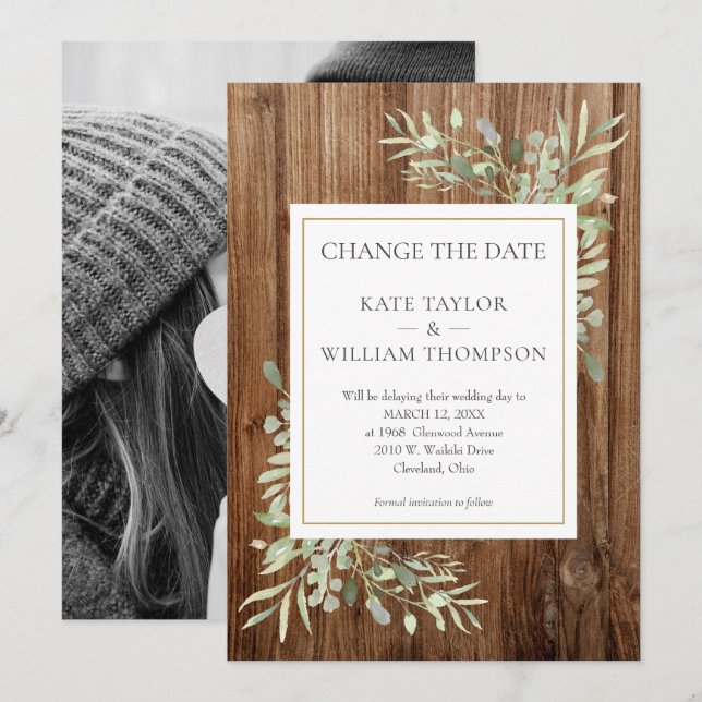 Rustic Wood Photo Change the Date Greenery Leaves Save The Date (Front/Back)