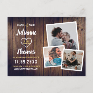 Rustic Wood Photo Collage Elegant Change of Plans Announcement Postcard