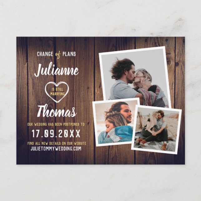 Rustic Wood Photo Collage Elegant Change of Plans Announcement Postcard (Front)