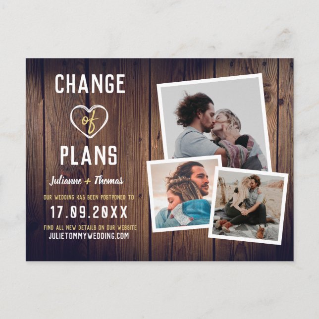 Rustic Wood Photo Collage Elegant Change of Plans Announcement Postcard (Front)