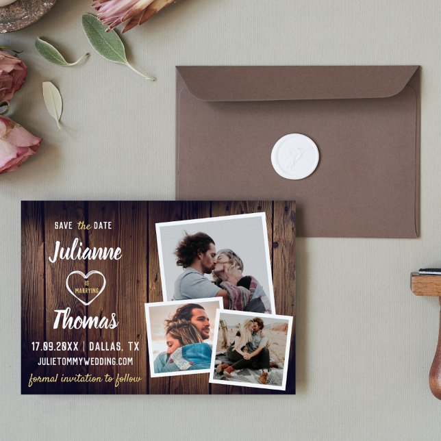 Rustic Wood Photo Collage Elegant Wedding Save The Date (Creator Uploaded)
