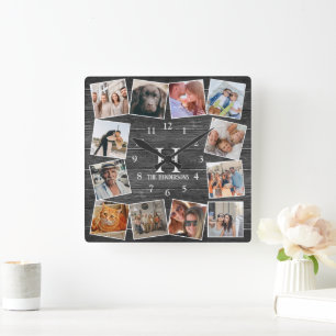 Rustic Wood Photo Collage Monogram Create Your Own Square Wall Clock