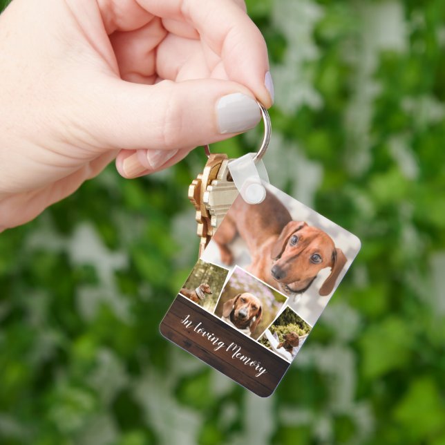 Rustic Wood Photo Collage Pet Memorial Key Ring (Hand)