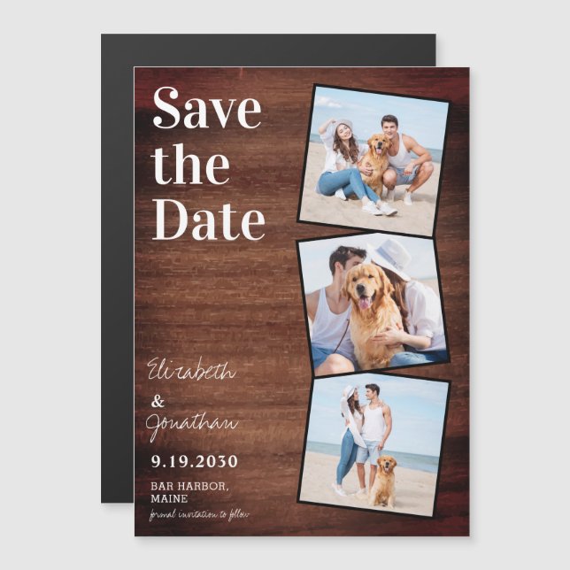 Rustic Wood Photo Collage Save The Date Magnetic Invitation (Front/Back)