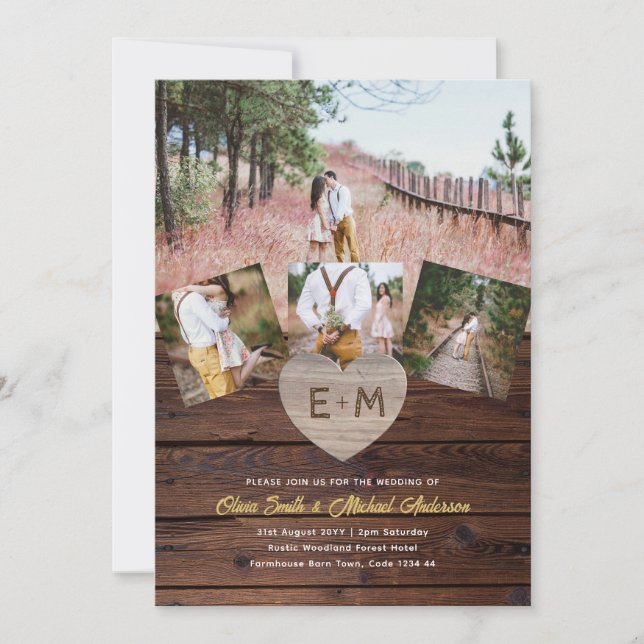 🌻Rustic Wood Photo Collage Woodland Forest Barn🌿 Invitation (Front)