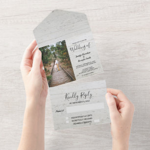 Rustic wood photo country wedding all in one invitation