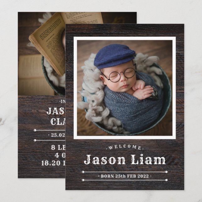 Rustic Wood Photo Custom Cowboy Newborn Boy Birth Announcement (Front/Back)