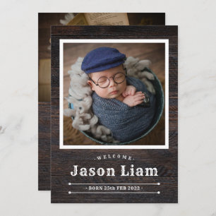 Rustic Wood Photo Custom Cowboy Newborn Boy Birth Announcement
