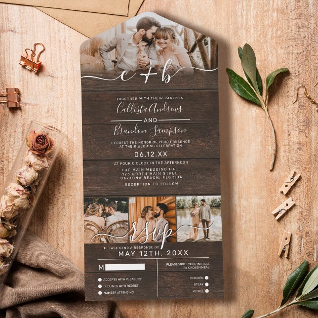 Rustic Wood Photo Monogram Wedding RSVP All In One Invitation (Creator Uploaded)