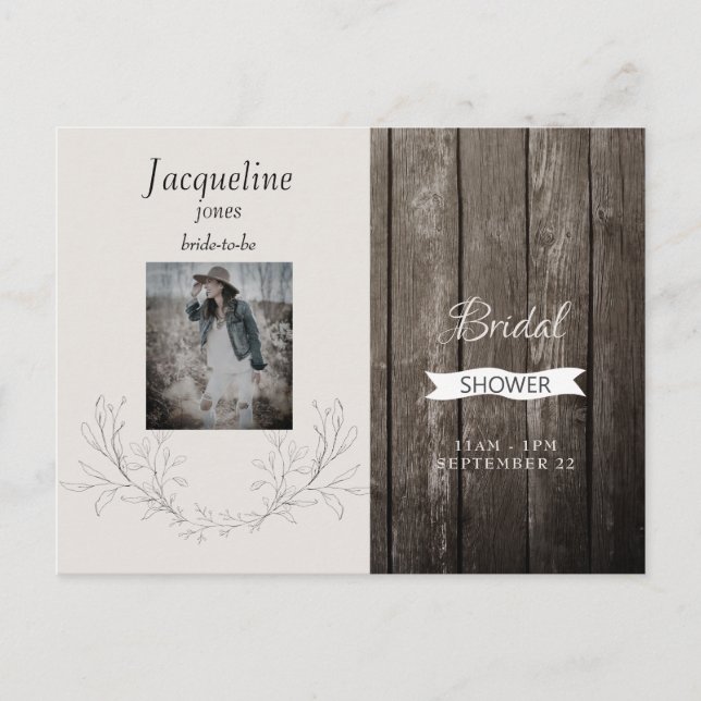 Rustic Wood Photo Neutral Bridal Shower Invitation Postcard (Front)