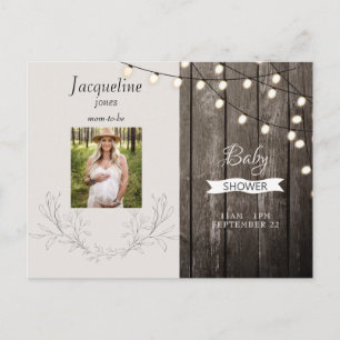Rustic Wood Photo Neutral Lights Baby Shower Invitation Postcard