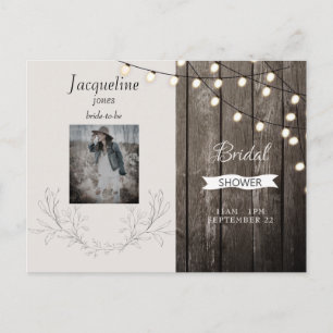 Rustic Wood Photo Neutral Lights Bridal Shower Invitation Postcard