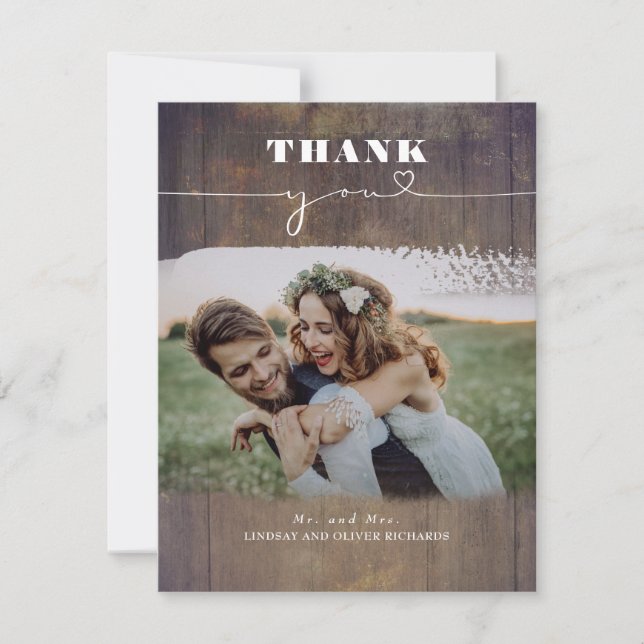 Rustic Wood Photo Overlay Wedding Thank You (Front)