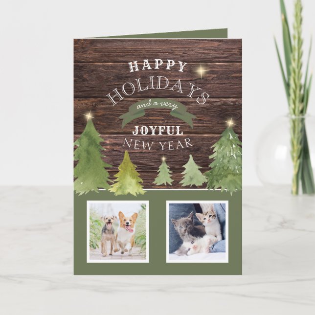 Rustic Wood Photo Pawlidays Dog Cat Pet Christmas Holiday Card (Front)