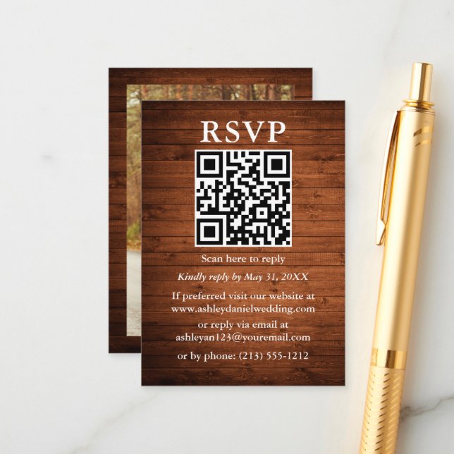 Rustic Wood Photo QR Wedding RSVP Enclosure Card (Front/Back In Situ)