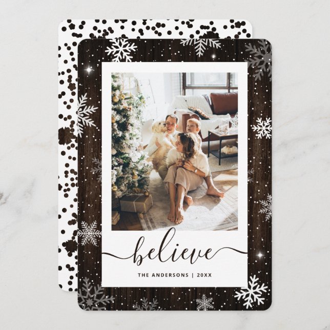 Rustic Wood Photo Snowflake Holiday Card (Front/Back)