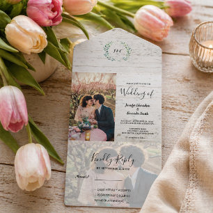 Rustic wood photo watercolor leaves Wedding All In One Invitation