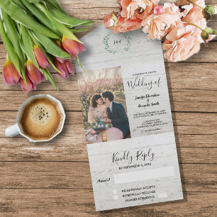 Rustic wood photo watercolor leaves Wedding All In One Invitation