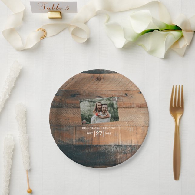 Rustic Wood Photo Wedding  Paper Plate (Wedding)