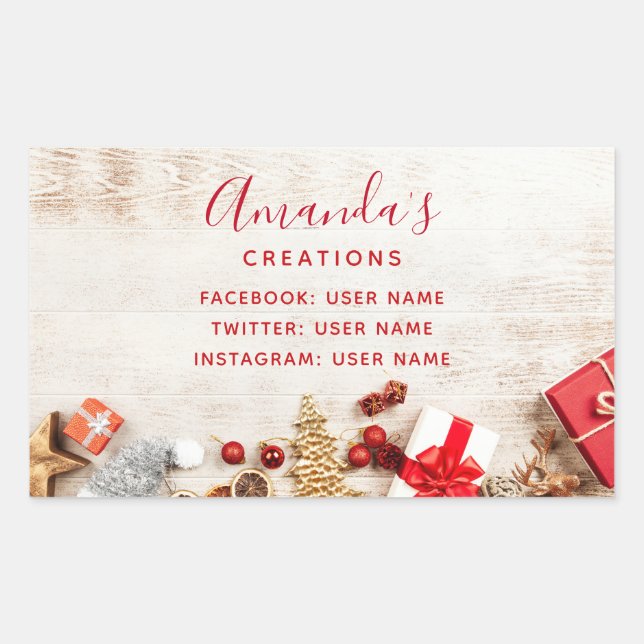 Rustic Wood Photo with Christmas Items Business Rectangular Sticker (Front)