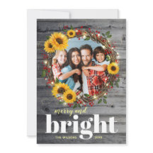 Rustic Wood Photo Wreath Sunflower Christmas Cards