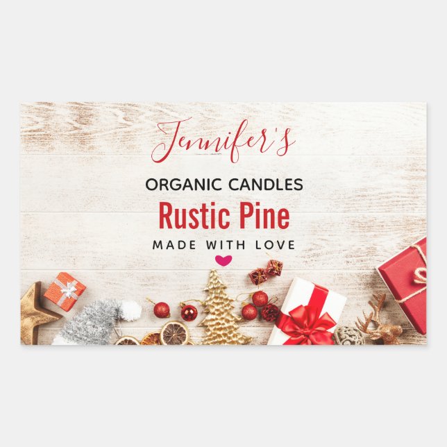 Rustic Wood Photograph with Christmas Items Candle Rectangular Sticker (Front)