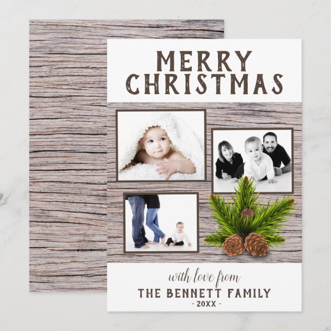 Rustic Wood Pine 3 Photo Collage Christmas Card (Front/Back)