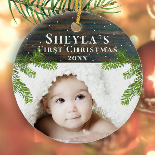 Rustic Wood Pine Baby`s First Christmas Photo Ceramic Tree Decoration