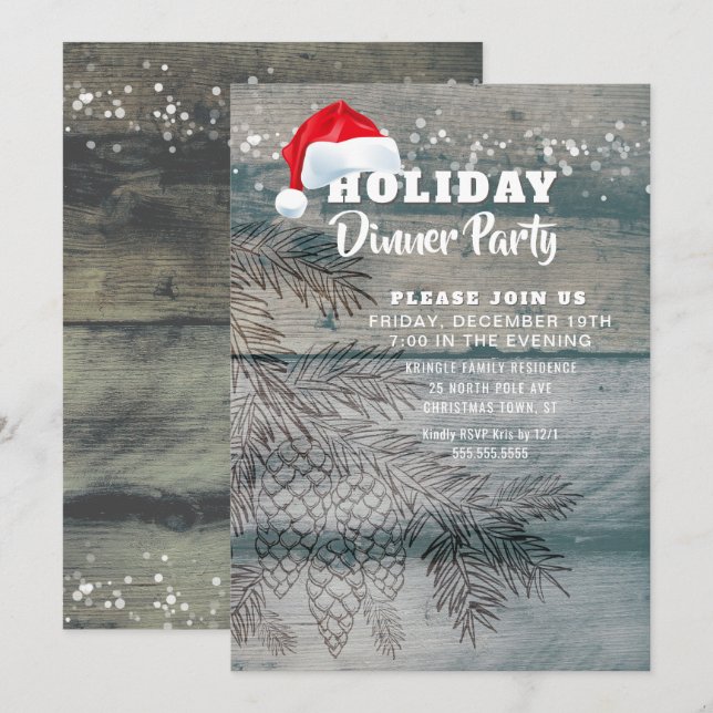 Rustic Wood Pine Cones Holiday Party Invitation (Front/Back)