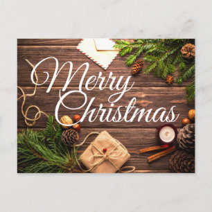Rustic Wood Pine Cones Merry Christmas Postcard