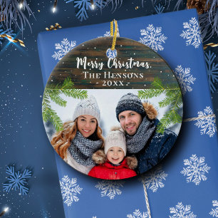 Rustic Wood Pine Merry Christmas Family Photo Ceramic Tree Decoration