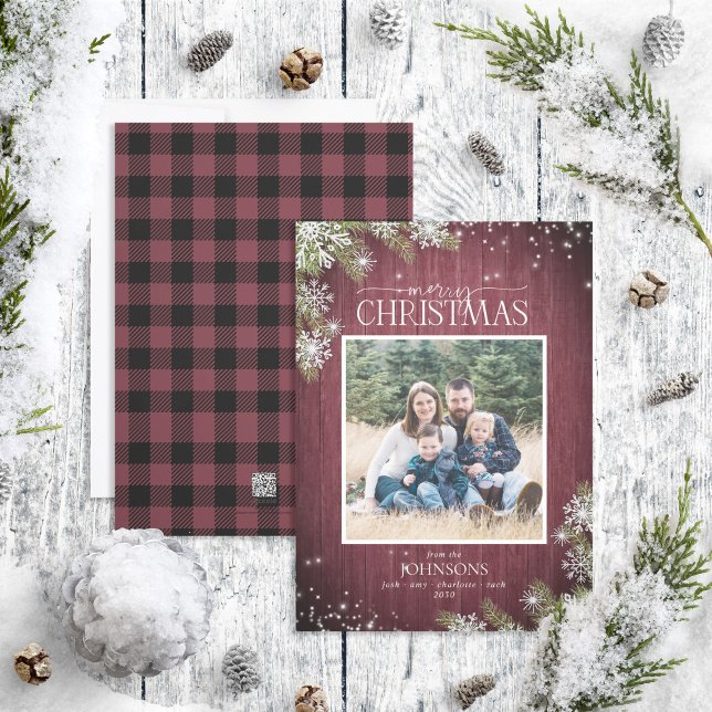 Rustic Wood Pine Snowflakes Merry Family Photo Holiday Card (Creator Uploaded)